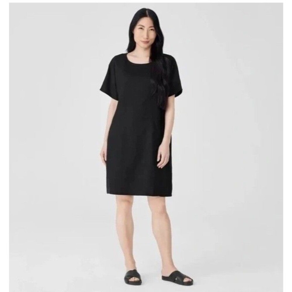 Eileen Fisher Black Organic Linen Dress Sz Medium Shift Dress Lagenlook Pockets